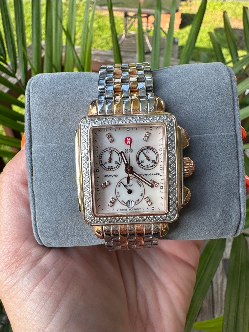 Michele Rose Gold and Silver Two-Tone Deco Chronograph Watch - Picture 3 of 9